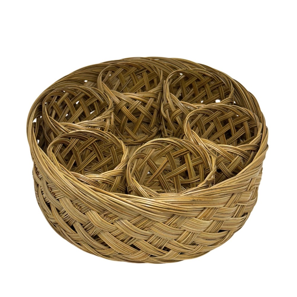 VTG Woven Wicker Coaster Set Brown Rattan Boho Coastal Home Decor 7 Piece Round